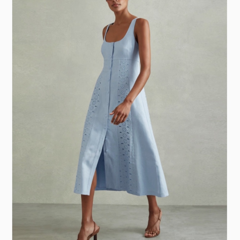BEST REISS Clarice Broderie Midi Dress - Light Blue Spring Party Wedding Linen - Picture 2 of 10